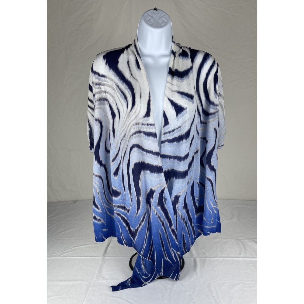 CHICOS WOMENS SIZE 3 BLUE WHITE ABSTRACT WATERCOLOR OPEN FRONT CARDIGAN WRAP TOP
